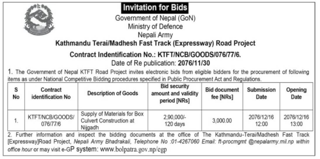 Kathmandu Terai/ Madesh Fast Track (Expressway) Road Project : Supply of Materials for Box Culvert Construction at Nijgadh