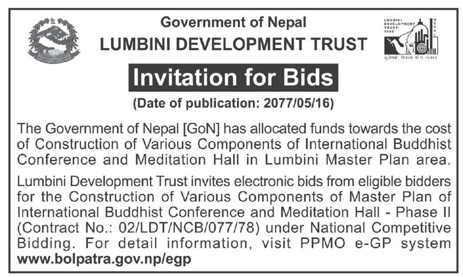Construction of Various Components of International Buddhist Conference and Meditation Hall in Lumbini Master Plan Area