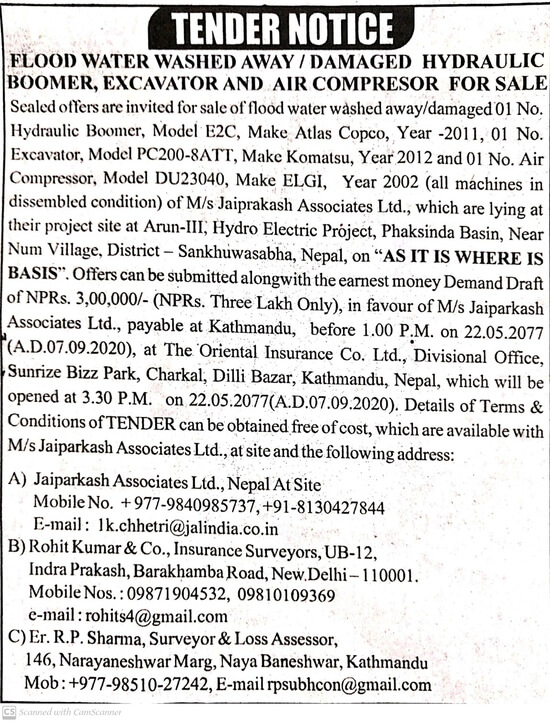 Flood water washed away/ damaged hydraulic boomer, excavator and air compresor for sale
