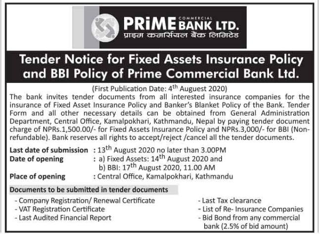 Fixed Assets Insurance Policy and BBI Policy of Prime Commercial Bank Ltd.