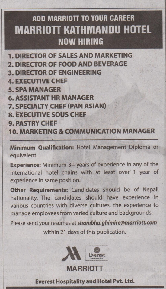 Pastry Chef Job Vacancy in Nepal Marriott Kathmandu Hotel Oct. 2018