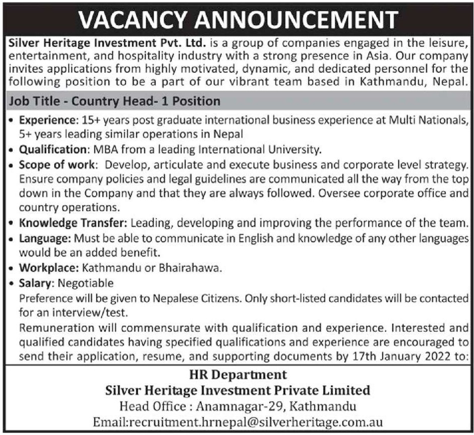 country-head-job-vacancy-in-nepal-silver-heritage-investment-pvt-ltd