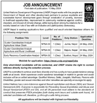 Cluster Coordination Analyst- Agriculture and Rural Livelihood