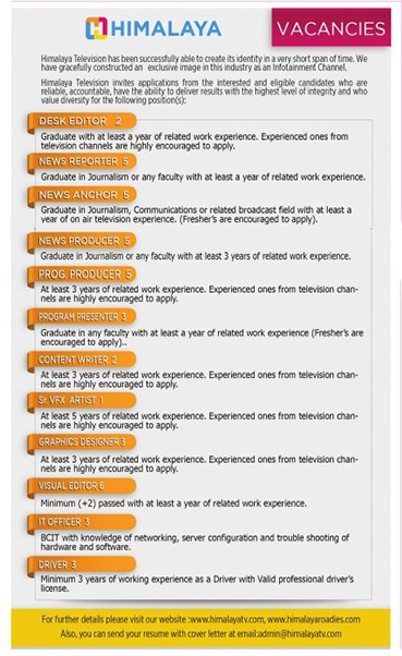 Desk Editor Job Vacancy in Nepal - Himalayan Television - Aug. 2018 ... Desk Editor Job Vacancy in Nepal - Himalayan Television - Aug. 2018 ...