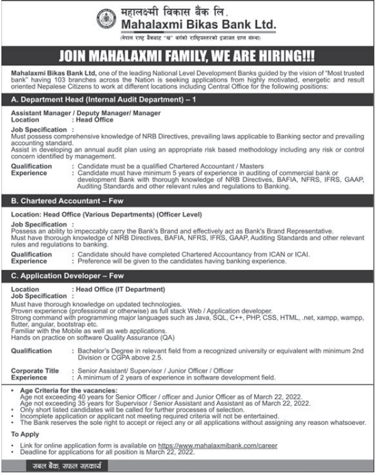 Chartered Accountant Job Vacancy in Nepal Mahalaxmi Bikas Bank Ltd