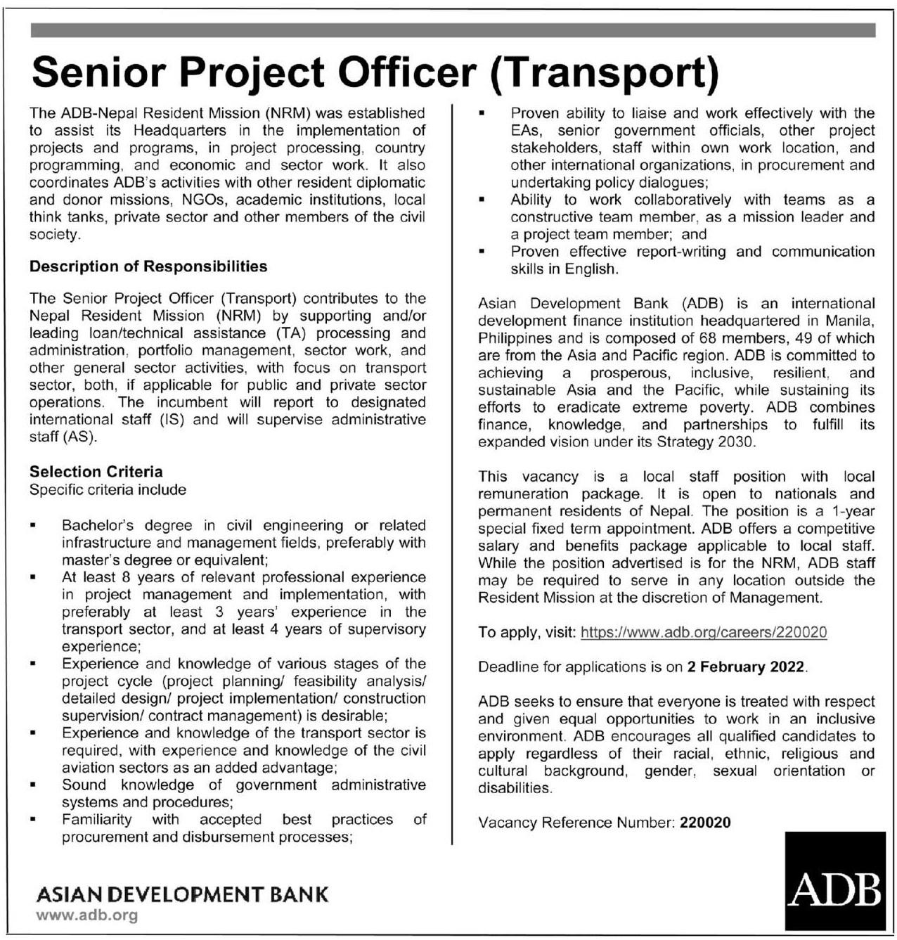 Senior Project Officer (Transport)