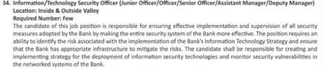 Information /Technology Security Officer(Junior Officer/Officer/Senior Officer/Assistant Manager/Deputy Manage)(few)