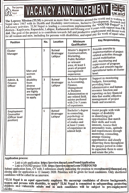 Admin & Finance Officer Job Vacancy in Nepal - The Leprosy ...