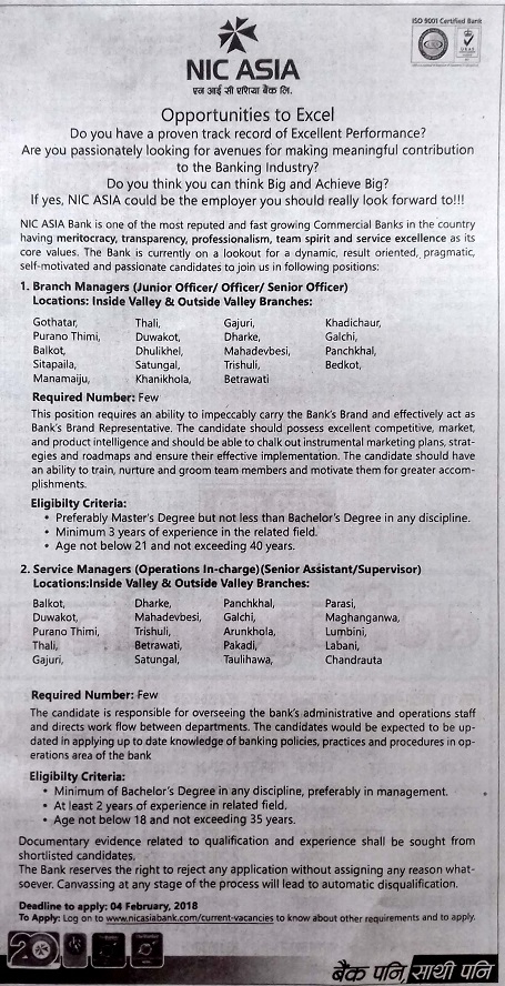 Branch Managers (Junior Officer/Officer/Senior Officer)
