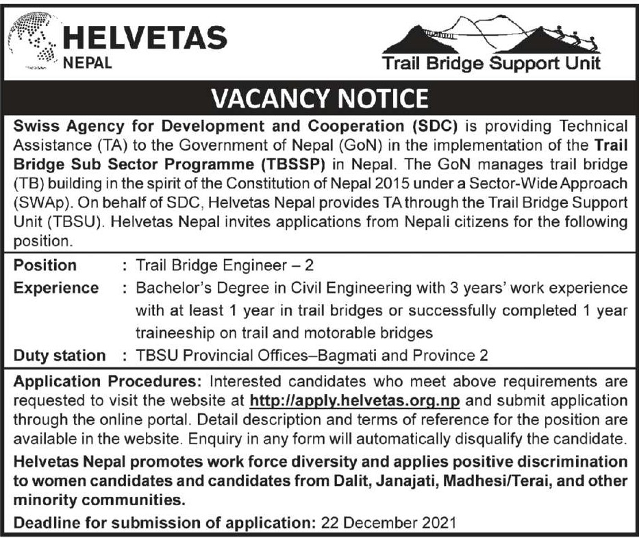 Trail Bridge Engineer Job Vacancy In Nepal Swiss Agency For