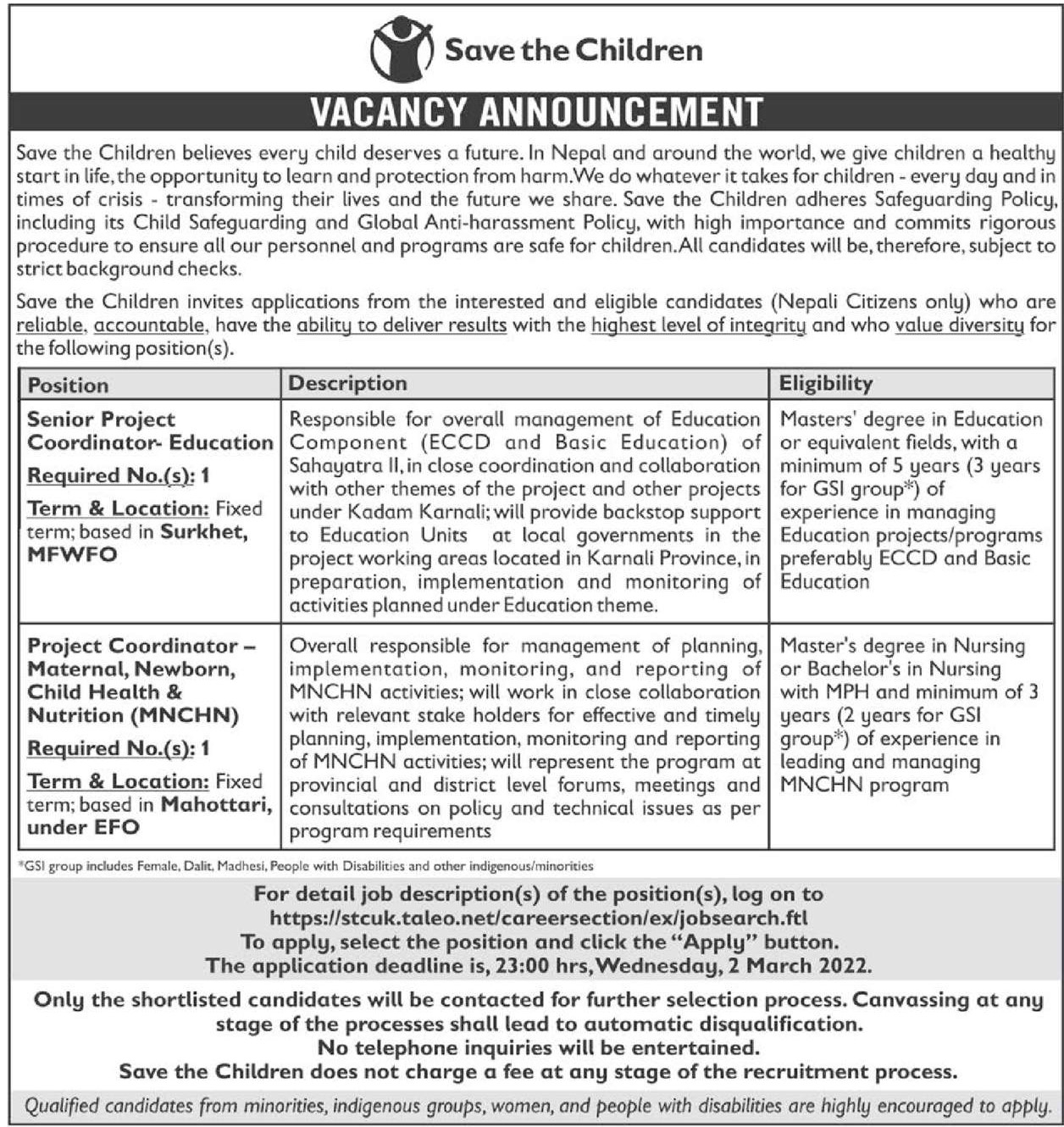 Project Coordinator Maternal, Newborn, Child Health & Nutrition