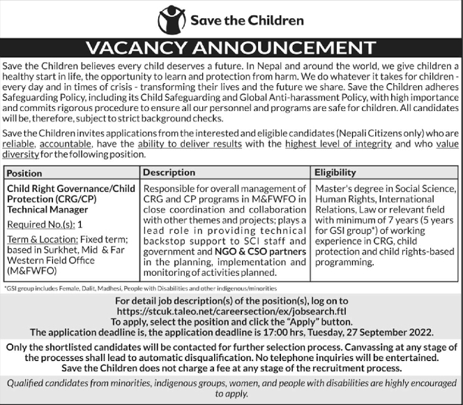 Technical Manager: Child Right Governance/Child Protection (CRG/CP)