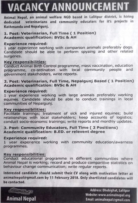 Veterinarian Job Vacancy in Nepal - Animal Nepal - Feb. 2018 | merojob