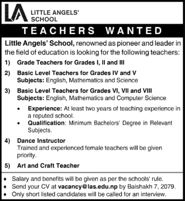 Art and Craft Teacher Job Vacancy in Nepal Little Angels' School