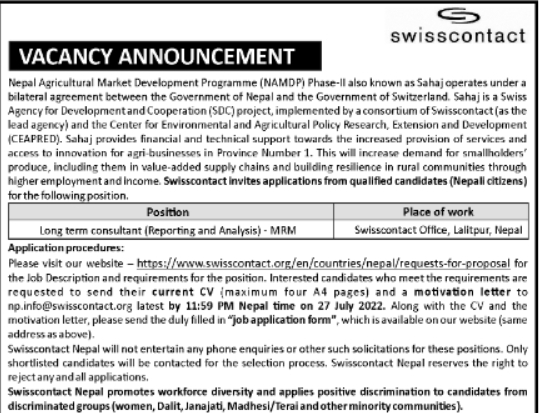 Long term consultant (Reporting and Analysis) - MRM