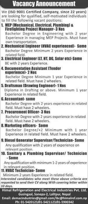 Electrical Engineer (LT, HT, DG, Solar etc)