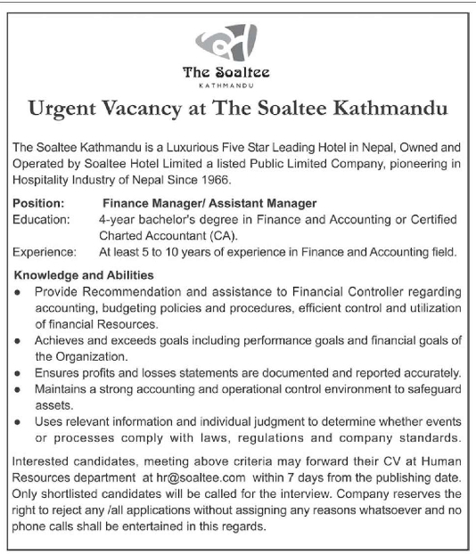 Finance Manager/ Assistant Manager