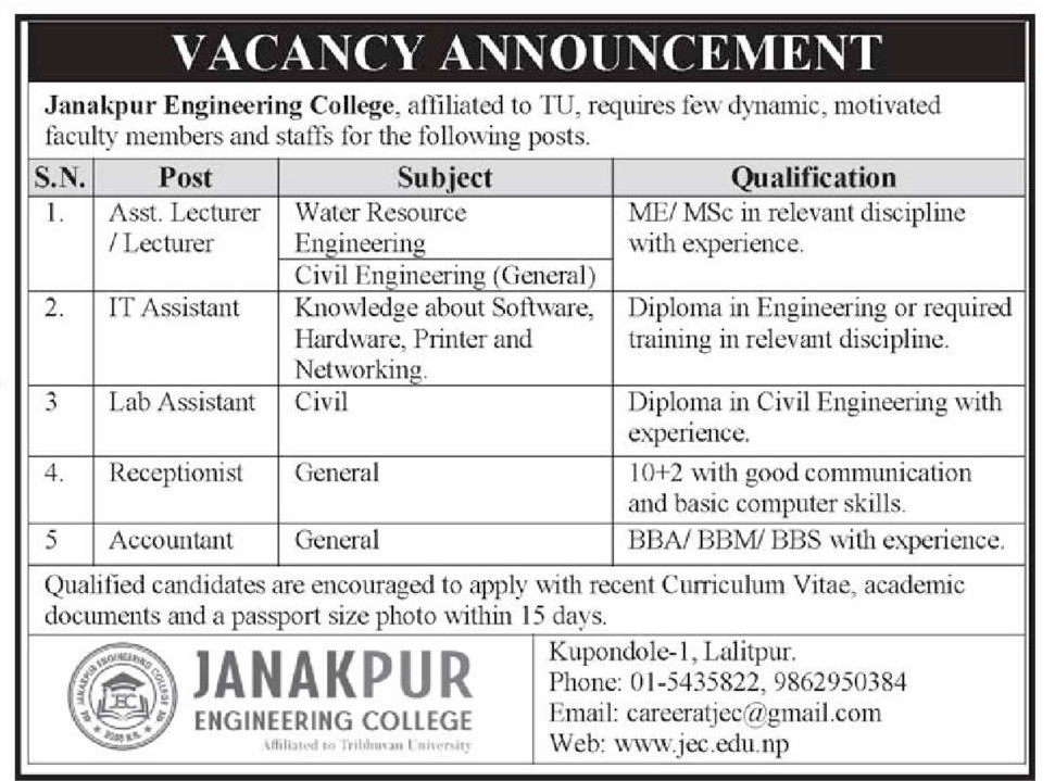 Lab Assistant Job Vacancy in Nepal Janakpur Engineering College Nov
