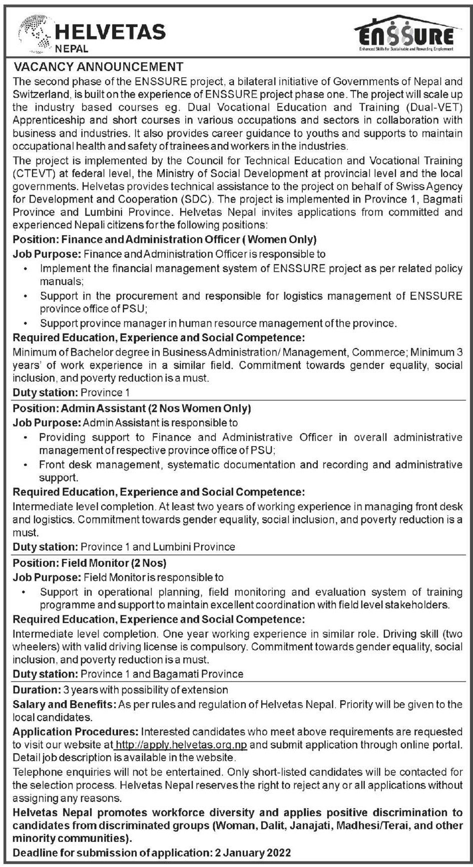 Field Monitor Job Vacancy in Nepal Helvetas Nepal Jan. 2022 merojob