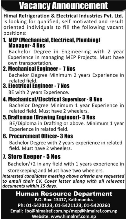 Mechanical Electrical Supervisor Job Vacancy In Nepal Himal mechanical-electrical-supervisor-job-vacancy-in-nepal-himal
