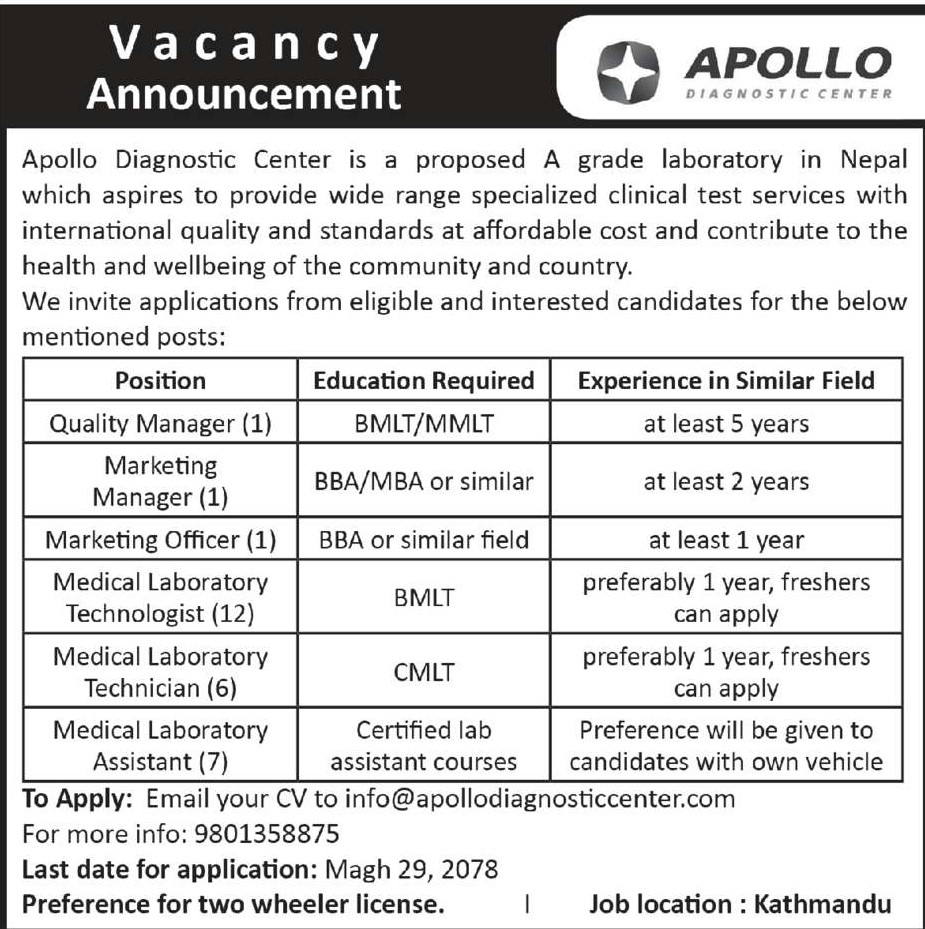 Medical Laboratory Technician Job Vacancy in Nepal Apollo Diagnostic