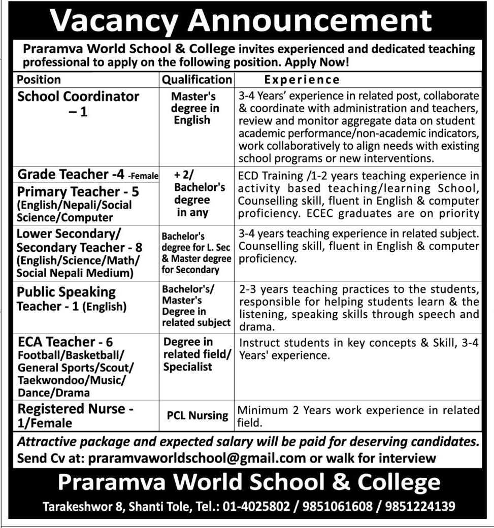 Teacher Job Vacancy In Nepal Praramva World School College April teacher-job-vacancy-in-nepal-praramva-world-school-college-april