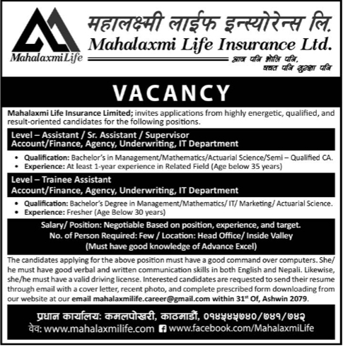Assistant / Sr. Assistant / Supervisor (Account/Finance, Agency, Underwriting, IT Department )
