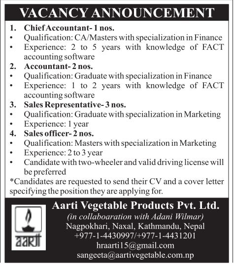 Accountant Job Vacancy in Nepal - Aarti Vegetable Products Pvt. Ltd ...