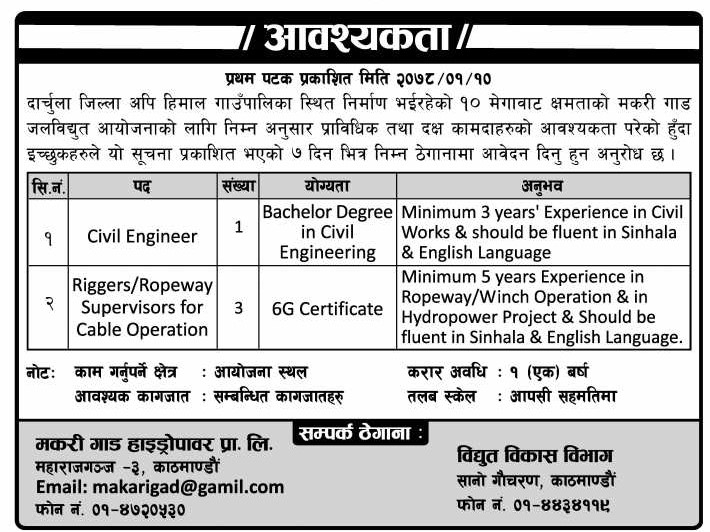 Civil Engineer Job Vacancy in Nepal - मकरी गाड हाइड्रोपावर प्रा. लि