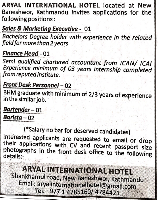Bartender Job Vacancy In Nepal Aryal International Hotel June