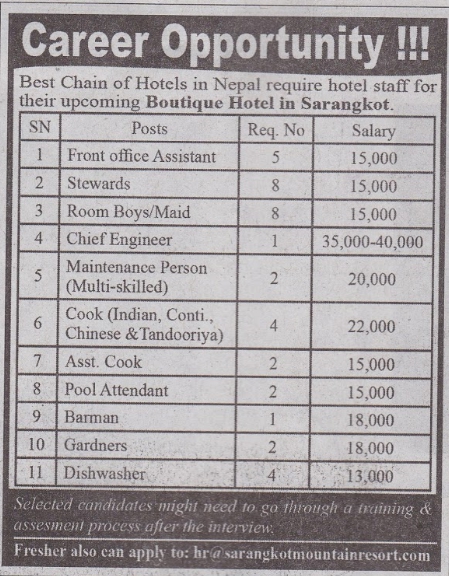 Front Office Assistant Job Vacancy In Nepal Boutique Hotel May