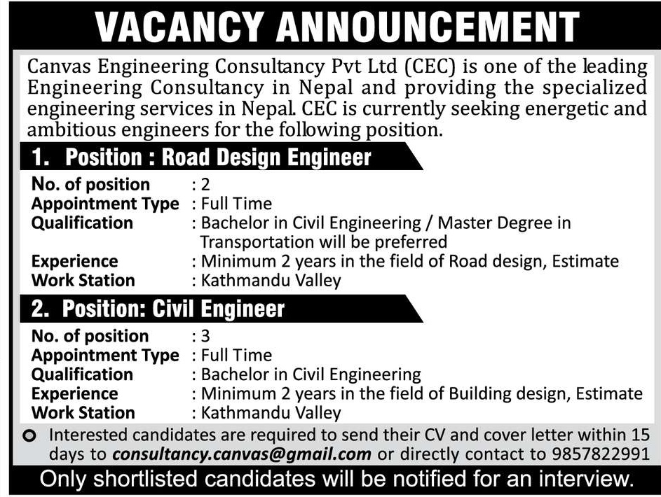 Civil Engineer Job Vacancy In Nepal Canvas Engineering Consultancy 