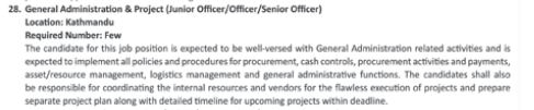 General Administration & Project (Junior Officer/Officer/Senior Officer) (Few)