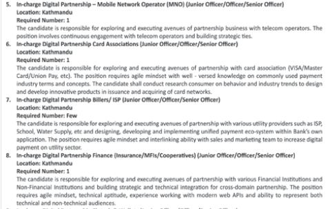In-charge Digital Partnership Finance (Insurance/MFIs/Cooperatives) (Junior Officer/Officer/Senior Officer)