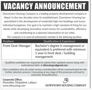 Front Desk Manager Job Vacancy In Nepal Downtown Housing Company