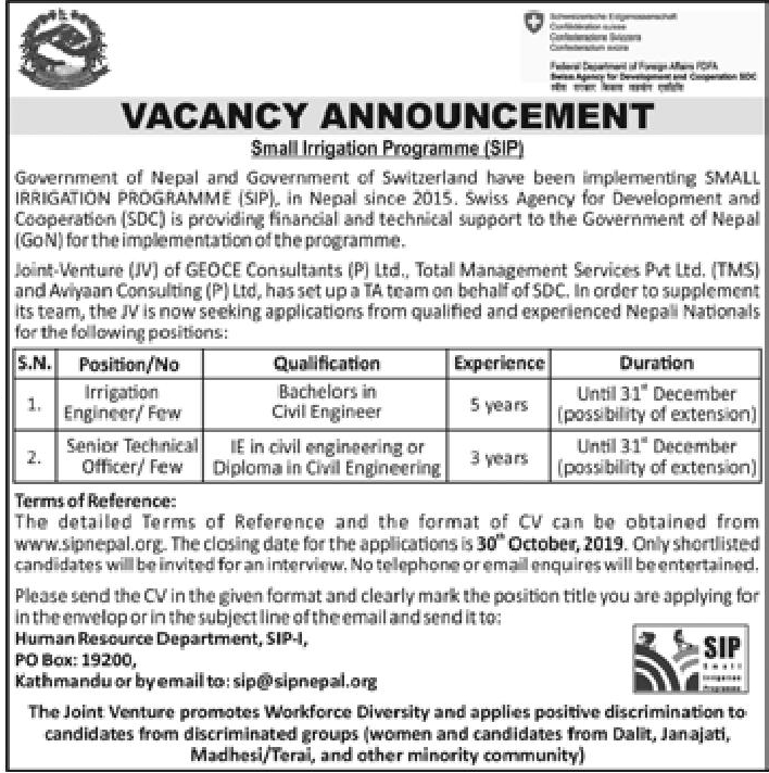 Irrigation Engineer (Few) Job Vacancy in Nepal Small Irrigation