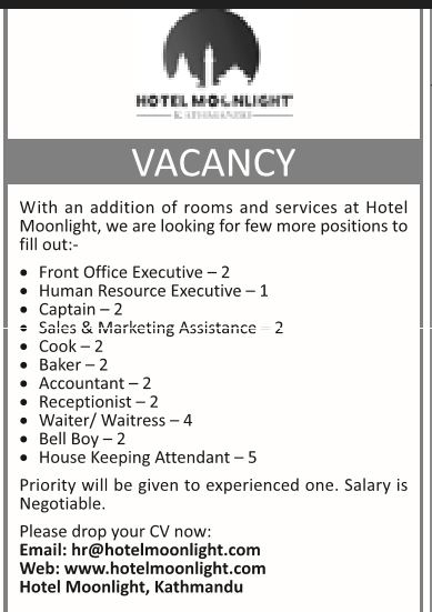 Waiter / Waitress Job Vacancy in Nepal - Moonlight Hotel ...