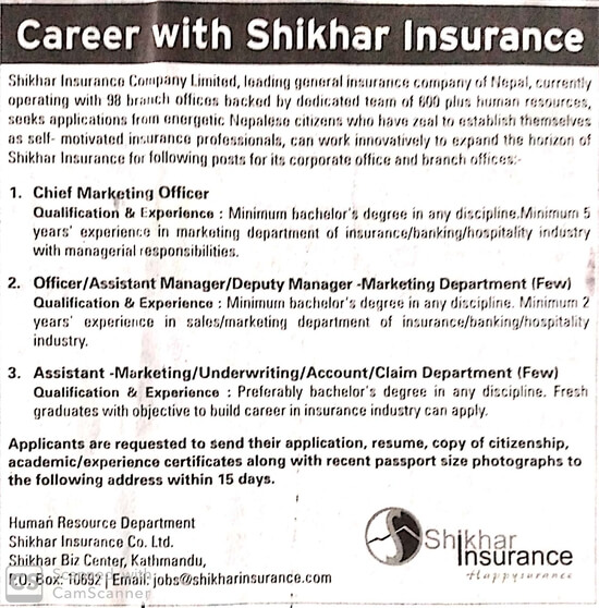 Assistant-Marketing/Underwriting/Account/Claim Department (Few)