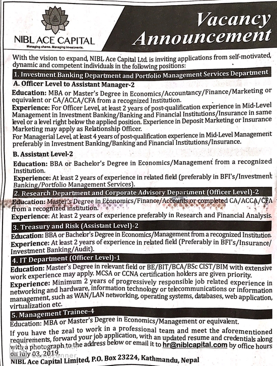 Research Department and Corporate Advisory Department (Officer Level)