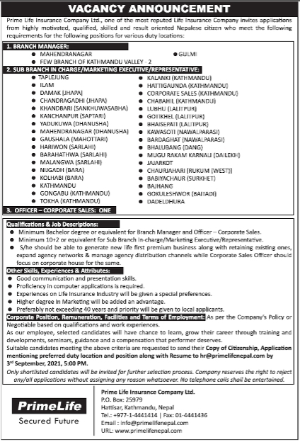 Sub Branch in Charge/Marketing Executive/Representative - Few