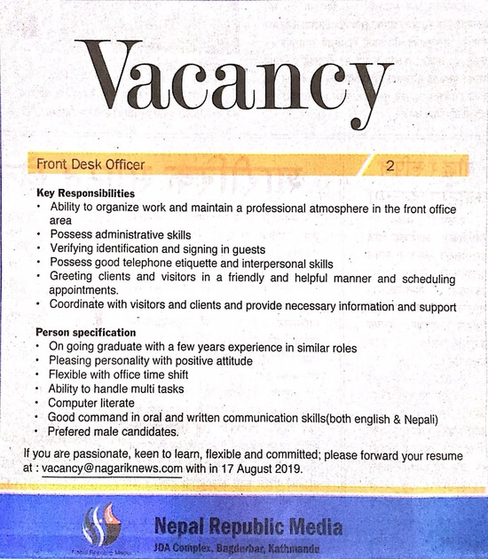 Front Desk Officer Job Vacancy In Nepal Nepal Republic Media