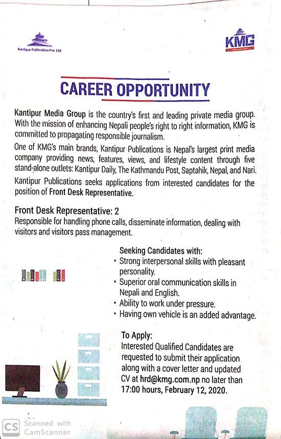 Front Desk Representative Job Vacancy In Nepal Kantipur Media