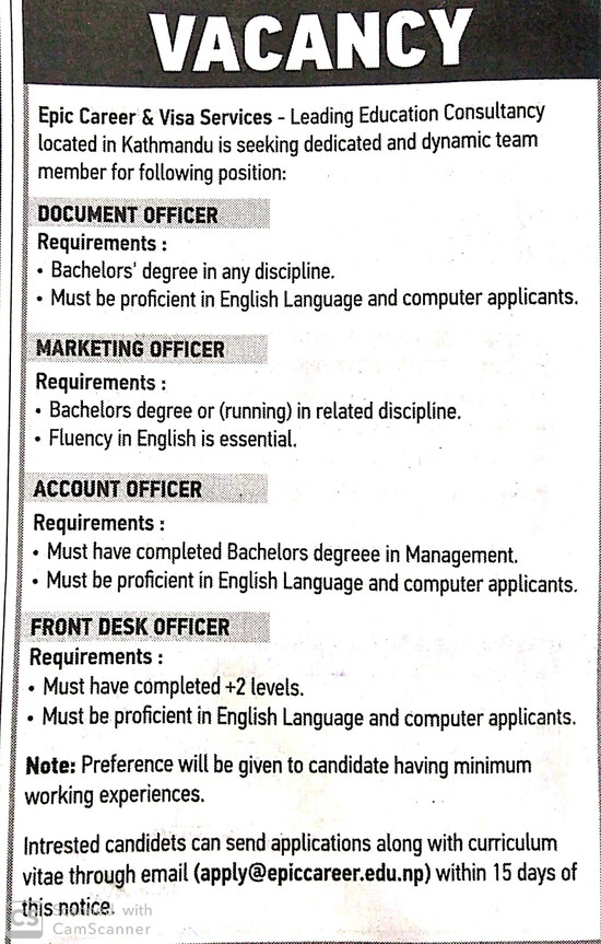 Front Desk Officer Job Vacancy In Nepal Epic Career Visa