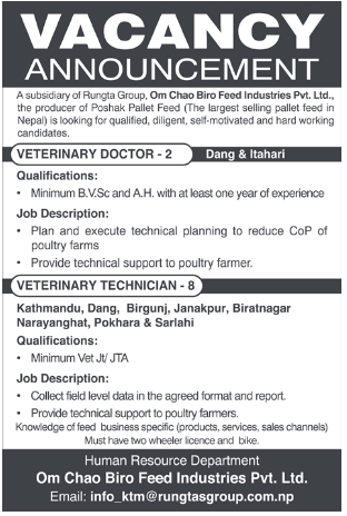 Veterinary Doctor Job Vacancy in Nepal - Om Chao Biro Feed Industries