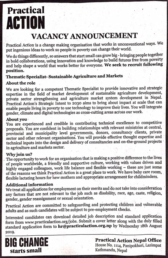 Thematic Specialist - Sustainable Agriculture and Markets