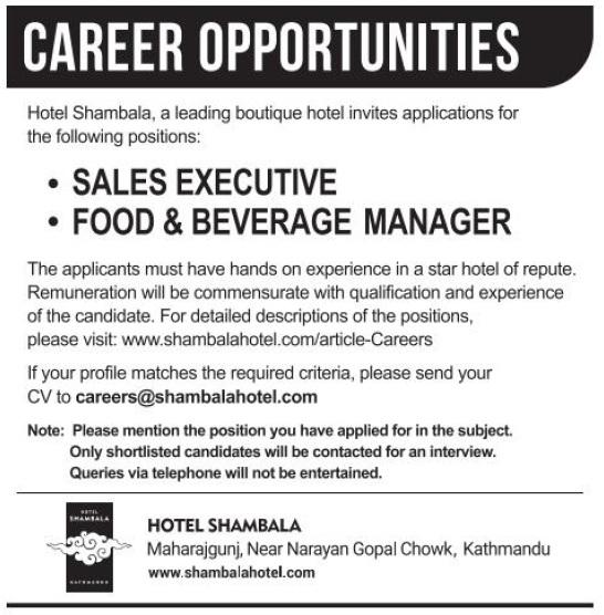 Sales Executive Job Vacancy in Nepal - Hotel Shambala ...