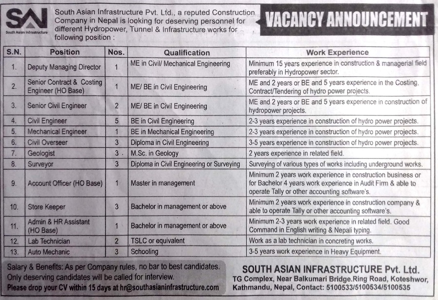 Lab Technician Job Vacancy In Nepal South Asian Infrastructure Feb 18 Merojob Lab Technician Job Vacancy In Nepal South Asian Infrastructure Feb 18 Merojob