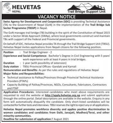 Trail Bridge Engineer Job Vacancy In Nepal Helvetas Nepal Aug