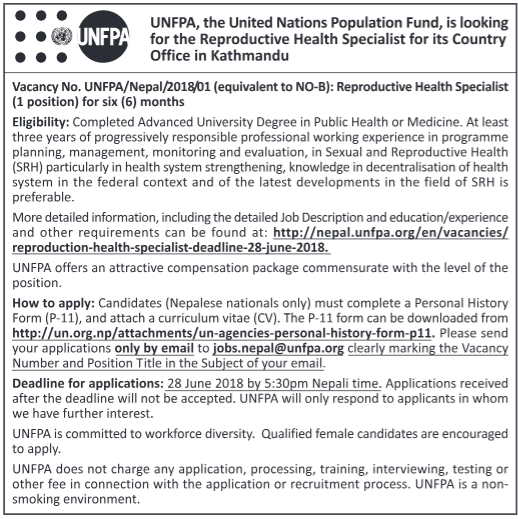 Reproductive Health Specialist Job Vacancy in Nepal UNFPA June