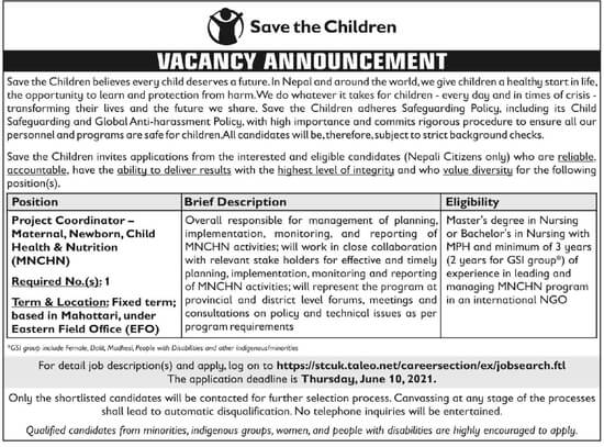 Project Coordinator - Maternal, Newborn, Child Health & Nutrition (MNCHN)